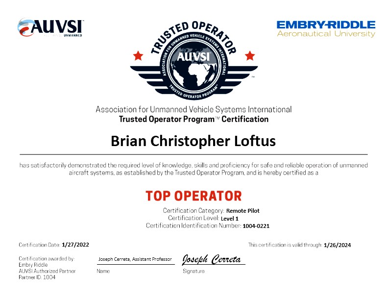 TOP Certificate Level 1 Recertification - Brian Christopher Loftus 